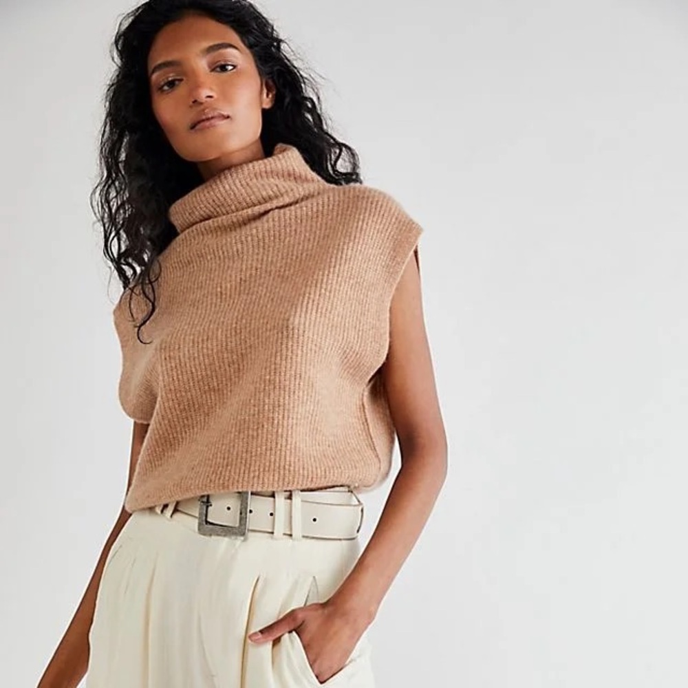 Free People Cashmere Sleeveless Turtleneck Sweater, Size Medium, Tan
